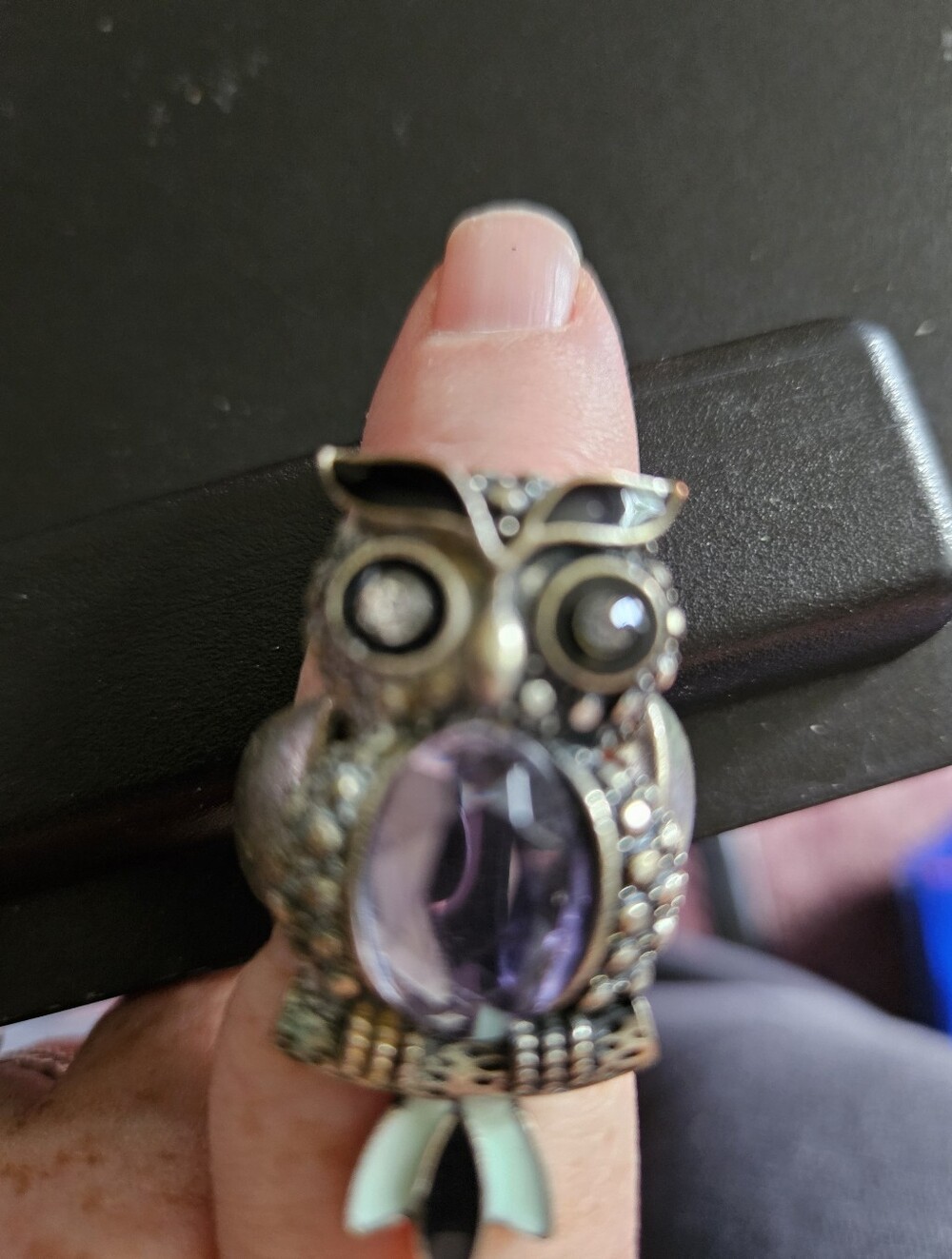 Silver-Tone Owl Cocktail Ring with Purple Gemstone